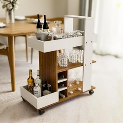 neuspace Barista Bar Trolley 3-Tier Engineered Wood Rolling Bar Cart, 