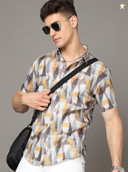 HERE&NOW White & Yellow Colour Geometric Printed Spread Collar Slim Fi