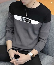 Try This Men Colorblock Round Neck Cotton Blend Black, Grey T-Shi...mo