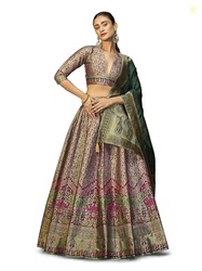 PURVAJA Women's Kanjiwaram Semi-Stitched Lehenga choli (Nadira-Sea-Gre