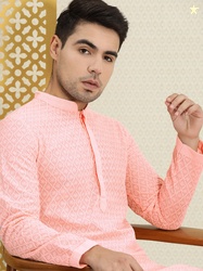 House of Pataudi Men Pink Authentic Hand Embroidered Chikankari Kurta