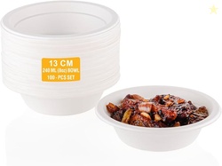 Clazkit 240 Ml, 100-Pack Round Compostable Bagasse Bowls | Disposable 