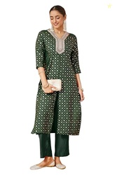 Women's Maroon Chanderi Silk Embellished Gold Printed Front Slit Kurta