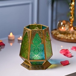 MARKET 99 Metal + Glass Hexagon Tea Light Candle Holders | Multicolor 