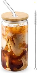 Glass Cups with Lids and Straws, 16oz Drinking Glasses, Iced Coffee Cu