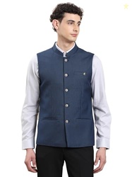 Men Dobby Texture Tailored Fit Navy Blue Ethnic Waistcoat for Wedding,
