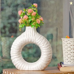 by Earth Store 7.3 Inch White Ring Textured Ceramic Vase for Living Ro