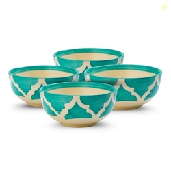 Moroccan Print Green Ceramic Bowl Set of 4, Microwave & Dishwasher Saf