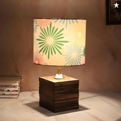 tu casa Wooden Square Block Bedside Warm Light Table Lamp with Floral 