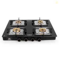 Tower Gas Stove 4 Burner Glass Brass Valves Lpg Black | 8mm toughened 
