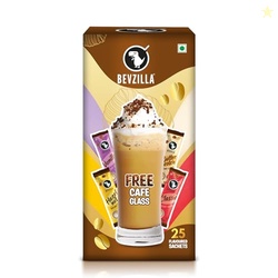 Bevzilla Premium Glass & 25 Flavoured Coffee Sachets/Pouch Box | Butte