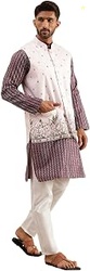 Men's Silk Blend Wine Kurta & White Pyjama With Daman Embroidered Nehr