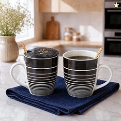 The Earth Store Ring Brown Coffee Mug with Lid and Spoon Set of 2 | 28