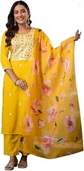 Women's Rayon Embroidery Kurta Set with Dupatta Kurti with Pants Ethni