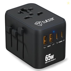 Tukzer 65W Universal Travel Adapter, GaN Fast Charging Adapter with 2 