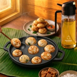 HomeWiz Cast Iron Appe Pan 9 Cavity 22 cm | Free Oil Dispenser 500ml |