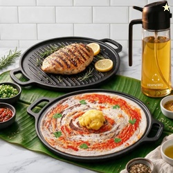 HomeWiz 2-in-1 Cast Iron Non Stick Tawa & Grill Pan 30 cm | Free Oil D