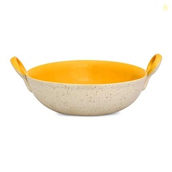 Caffeine Ceramic Handmade Stoneware Yellow and Cream Serving Kadhai  (