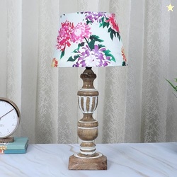tu casa Wooden Table Lamp | Premium Floral Satin Shade | Solid Wooden 