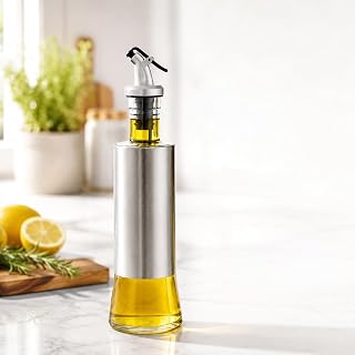 Glass Oil Dispenser for Kitchen 500ml - Stainless Steel Sleeve Bottle 