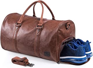 Leather Travel Bag with Shoe Pouch Waterproof Weekender Overnight Bag,