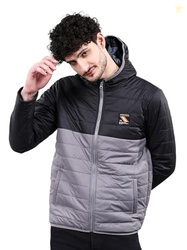 Grey Regular Fit Colourblocked Hooded Puffer Jacket