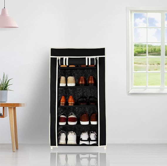 Amazon Brand - Solimo Foldable Shoe Rack, 5 Layer, Black, Premium, All