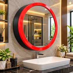 Citrine Round Bathroom Mirror Cabinet Wall Mounted Storage Cabinet Red