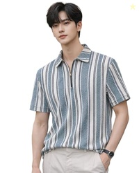 Mens Loose Fit Half Sleeve Vertical Striped Polo T-Shirt with Zip Coll