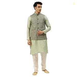 Men Silk Blend Floral (Since 1958 Pista Kurta & Nehrujacket With Offwh