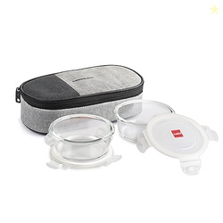 CELLO Delighta Round Borosilicate Glass Lunch Box with Jacket, 400ml, 