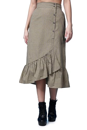 POPWINGS Casual Check Print Long Flare Skirt for Women | Cotton Skirt 