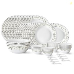 Larah by Borosil Ora Gold Fluted Series Opalware Dinner Set | 44 Piece