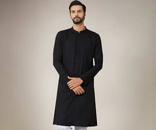 Men's Long Sleeve Mandarin Collar Side Slit Embroidered Chikankari Pur