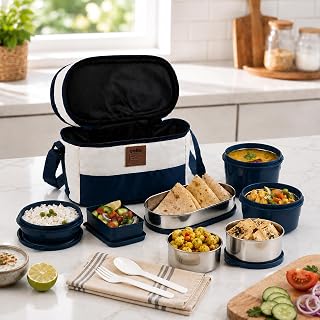 CELLO All Day Meal Lunch Box with Bag for Office Use Blue White | 550m