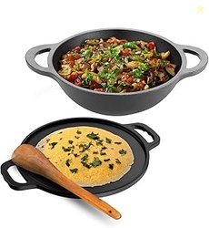 Lifelong Cast Iron Dosa Tawa & Kadai with Wooden Spatula for Dosa,Utta