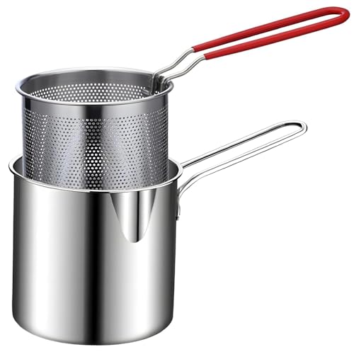 Small Deep Frying with Strainer Basket, 1200 ml Stainless Steel Fry Pa