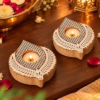 TIED RIBBONS Set of 2 Wooden Leaf Design Tealight Candle Holder Stand 