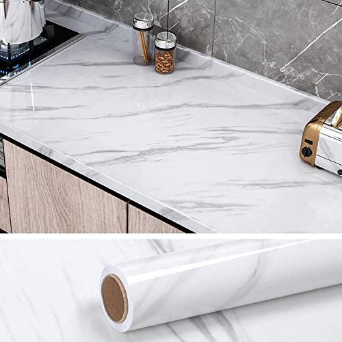 KASHIVAL Marble Peel and Stick Wallpaper - White & Grey Glossy Marble 