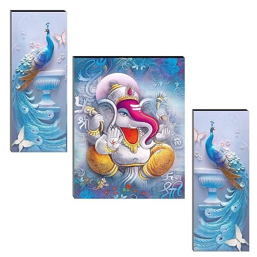 Indianara Set of 3 Ganesha with Peacocks MDF Art Painting (3880FL) wit