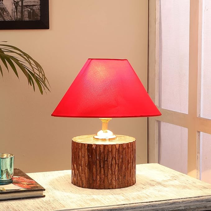 tu casa Table Lamps with Mango Wood Base & Red Cotton Shades for Home 