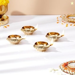 Amazon Brand Solimo - Brass Kuber Diya with Stand  Pack of 4 | Traditi
