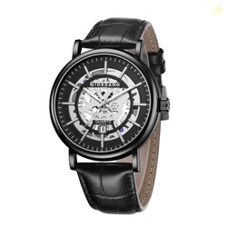 Giordano Analog Quartz Watch for Men with Skeleton Round Dial, Date Fu