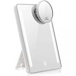 LED Lighted Makeup Mirror with Round 10x Magnifying Mirror, Travel Mirror with Lights, Dual Power Supply, Touch Screen, 180 Degrees Rotation