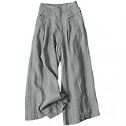 Bianstore Women's Culottes Linen Cropped Wide Leg Pants Elastic Waist Casual Palazzo Trousers with Pockets, Grey, S