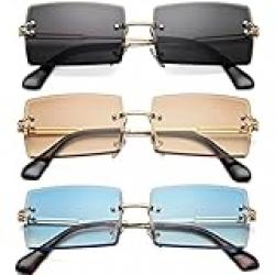 Hycredi Rectangle Sunglasses for Men/Women Small Rimless Square Shade Eyewear, 3pack(black+blue+tea)