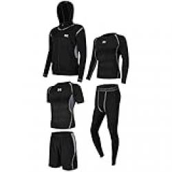 Men's Workout Clothes Outfit Gym Running Sportswear Fitness Kit Set 5 PCS Compression Quick Dry Fitness Workout Suits Shirt Leggings Black for Men Pants Top Long Sleeve Jacket short sleeve shirt Gray