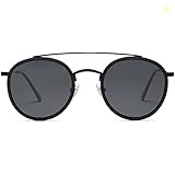SOJOS Retro Round Double Bridge Polarized Sunglasses for Women Men Twin Beams Circular UV400 Sunnies SJ1104, Dark Black/Grey