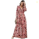 SWKOMB Pink Dress Floral Long Sleeve Vestidos Largos Sexy Mujer Robe Women -Pink||S