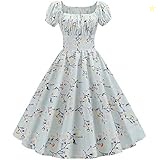Fankle Women's Dress Ladies Vintage 1950s Floral Print Short Sleeve Swing Dress Retro A-Line High Waist Flare Pleated Prom Party Evening Gown DressLight blue,S)